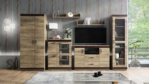 Wohnwand FENIX Anbauwand 6-teilig Schrankwand, Kleiderschrank, Fernsehschrank, Vitrine, zwei Wandregale, Kommode, Trüffel Eiche