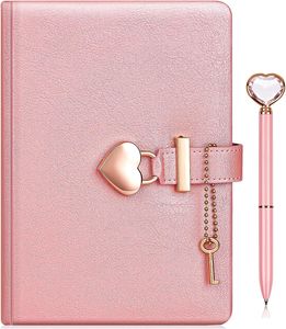 Tagebuch mit Schloss und Schlüssel Diamant-Stift, B6 Journal Notebook mit Herz Vorhängeschloss Kunstleder, Notizbuch Abschließbares, rosa