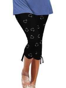 Damen Hohe Taillenhosen Komfortabel Weich Blumendruck Geschnittene Leggings Capri  Schwarzes Herz,Größe Xl