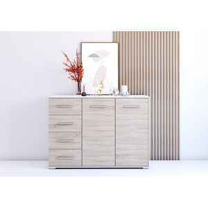 Kommode Sideboard Anrichte Schlafzimmer Highboard 135 cm (Weiß/Sonoma) mit 2 Türen und 4 Schubladen FRIDA 01