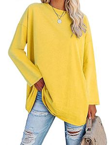 Damen Langarmshirts Rundhals T-Shirt Loses Lässige Langarm Shirts Oberteile Bluse Gelb,Größe XL