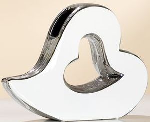 GILDE edle Keramikvase Herz mit silberner Reaktionsglasur innen, 6,5x27x19,5 cm