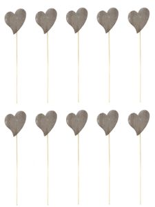 Blumen-Stecker Herz grau mit Holzstab 10 Stück
