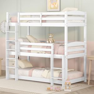 Podkrovní postel 90x200, třípatrová postel pro dospělé a děti, patrová postel pro tři osoby s 3x lamelovým rámem, ochrana proti vypadnutí, masivní dřevo v bílé barvě