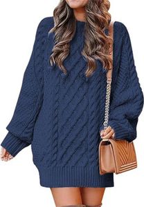 ASKSA Damen Pulloverkleid Rundhalsausschnitt Langarm Zopfmuster Rollkragen Chunky Pullover Kurze Pulloverkleider, Dunkelblau, M