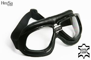 Motorradbrille Classic schwarz, schwarzes ECHT LEDER mit klaren Gläsern