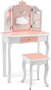 Dětský toaletní stolek COSTWAY, toaletní stolek s trojitým skládacím zrcadlem, zásuvkou a stoličkou, toaletní stolek a psací stůl 2 v 1 s odnímatelnou deskou, toaletní stolek pro dívky (růžový + bílý)
