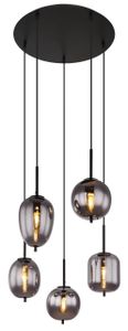 Globo Lighting Hängeleuchte Metall schwarz matt, Aluminium schwarz, Glas rauchfarben, Kabel PVC Schwarz, Höhe kürzbar, Richtung Lichtschein: abwärts, 4 unterschiedliche Gläser, ø: 575mm, H: 1500mm, exkl. 5x E14 40W 230V