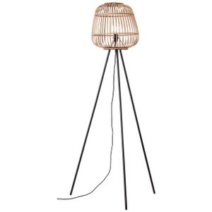 Dekorative Dreibein-Lampe - Stehleuchte im Nature-Style mit Fußschalter - Metall/Rattan Schwarz/Natur - 1,6m Höhe