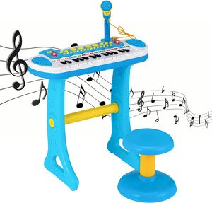 COSTWAY Kinder-Keyboard mit 31 Tasten, tragbares Musikinstrument mit Mehreren Sounds & Lichteffekten, verstellbarem Mikrofon & Hocker, niedliches Spielzeug-Klavier für Kinder ab 3 Jahren (Blau)