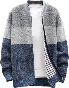 ASKSA Pánský kardigan se stojáčkem teplý fleecový pletený zimní kabát na zip, šedý, XXL