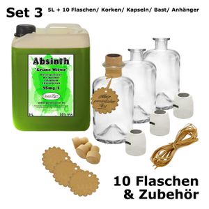 Absinth Die Grüne Witwe 5L + 10 Flaschen, Korken, Kapseln, Bast & Anhänger 55%Vol Mit max. Thujon 35mg