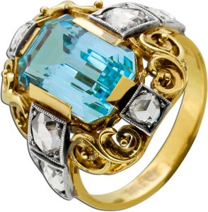 Antiker Ring Gelbgold Weißgold 585 14 Karat 6 Diamanten Total 0,90ct Rosenschliff W/VSI 1 Aquamarin Edelstein Vintage 1890 17