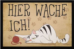 Fußmatte Katze mit Spruch Hier wache ich Pfoten-Abdrücke rutschfest & waschbar Moonworks® schwarz 60x40cm