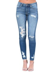 Damen Ripped Jeans Jeggings Lange Hose Mittlere Taille Skinny Schlank Passen Hose,Farbe:Blau,Größe:M
