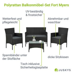 Juskys Polyratanová sedací souprava Fort Myers pro 4 osoby s 2místnou pohovkou, 2 židlemi, stolem a polštářem na sezení - Good
