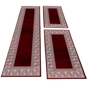 Bettumrandung Läufer Set Teppich mäander optik bordüre Muster 3 Teilig Rot Weiß, Farbe:Rot, Bettset:2 mal 80x150 cm + 1 mal 80x300 cm