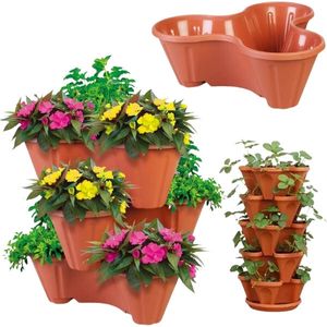 Vertikal Stapelbarer Pflanztopf für Erdbeeren, Kräuter, Blumen und Gemüse - 3 Etagen, vertikaler Garten für drinnen und draußen - PLANTUP (Ziegelrot)
