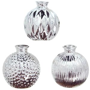 SIDCO Vase 3 x Kugelvase silber Look Porzellan Blumenvase Dekovase Tischdeko metallic