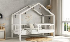 MUSA Kinderbett Hausbett Holzbett 100x200 Weiß 100% Kiefernholz Rausfallschutz Beinhöhe 23 cm