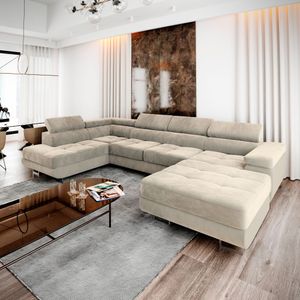 Masseno Ecksofa CASONE L-S mit Schlaffunktion U-Form, Sofa mit Bettkasten, Wohnzimmersofa, Couch, Soffa, Bettsofa, Couchgarnitur- Creme, MONOLITH 04