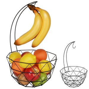 Vilde Metallkorb für Obst und Gemüse mit Haken für Bananen Trauben | Im geometrischen LOFT-Stil | Schwarze, industrielle Schüssel | 26 cm
