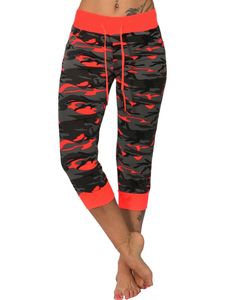 ydance Damen Mid Waist Camouflage Yoga Capri Hosen Sport Leggings Hosen Kordelzug,Farbe: Rot,Größe:XL