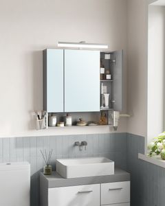 VASAGLE Badezimmerschrank mit 3 Türen, Spiegelschrank, mit Steckdosen, Hängekorb, Haartrockner-Halter, Wolkenweiß-Taubengrau