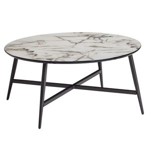 Konferenční stolek WOHNLING kulatý 88x37x88 cm s mramorovým vzhledem bílý, obývací stůl s kovovými nohami černý, moderní dekorativní stolek