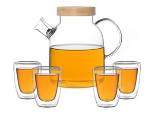 Kira Teeset / Teeservice / Teekanne Glas 1,6 liter mit Tüllensieb, Bambusdeckel und 4 doppelwandige Teegläser je 200ml