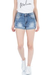 Damen Jeans Shorts Kurze Hose mit Hohem Bund und Perlen Hotpants, Größe:36, Farbe:Blau