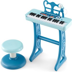 KOMFOTTEU 37 klávesová klávesová súprava pre deti, detský klavír so zvukovými svetelnými efektmi a mikrofónom, elektronická hračka klavír vrátane stoličky, detská klávesnica 22 rytmov/ 4 tóny/ 4 rytmy (modrá)