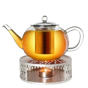 Creano Teekanne aus Glas 0,8l + ein Stövchen aus Edelstahl, 3-teilige Glasteekanne mit integriertem Edelstahl Sieb und Glasdeckel, ideal zur Zubereitung von losen Tees, tropffrei