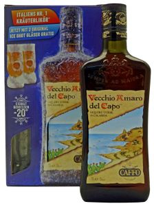 Vecchio Amaro del Capo | Kräuterlikör aus Kalabrien | Geschenk-Set mit 1 Flasche 0,7l. und 2 Ice-Shot-Gläsern