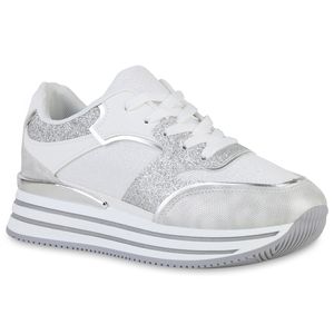 VAN HILL Damen Plateau Sneaker Metallic Schnürer Glitzer Plateau-Schuhe 840511, Farbe: Weiß Silber Metallic, Größe: 36