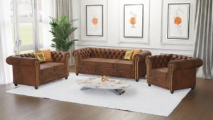 Vibe - Chesterfield Polstergarnitur mit Schlaffunktion 3+2+1 aus Braun Vintage Optik Microfaser mit Holzfüßen, B/T/H: 3er - 203 cm/ 86 cm / 72 cm