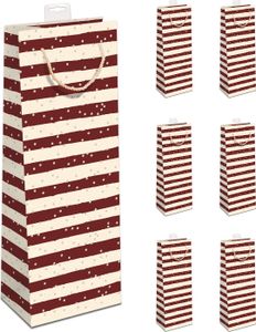 GREENLINE Geschenktaschen für Flaschen 6 Stück Flaschentüten aus Zuckerrohrpapier edle Geschenktüten 100% Baumfrei für Wein Sekt Champagner Beutel mit Baumwollkordel und Namenskarte (Motiv: rote Streifen)