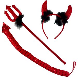 Teufel Kostüm Set 3-tlg. - Hörner Schwanz und Dreizack | Rot mit Pailletten