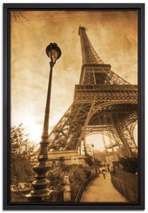 Pariser Eifelturm Retro Leinwandbild 60x40 cm im Bilderahmen / Wandbild  / Schattenfugenrahmen / Kein Poster