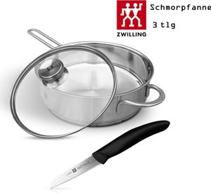 Zwilling TwinNova Schmorpfanne mit Deckel 24cm, Gemüsemesser 3tlg, Induktion Edelstahl Hoher Rand Edelstahl 18/10 Bratpfanne Pfanne Pfannenset Pfannen