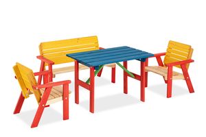 Konsimo Detský záhradný setVyrobené v Európe Ručná výroba v Európe Ručne vyrobené "PECARI", červená/modrá/žltá/hnedá, masívne borovicové drevo, 43x50x40cm | 81x50x40cm | 70x48x48cm