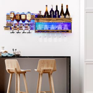 Yorbay Weinregal mit LED-Licht Palette beflammt Holz, Wandbar mit 4 Getränkespender Wand Flaschenhalter Flaschenhalter, Vintage, Geschenk