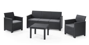 Keter Lounge Set Emma für 5 Personen, 3er Sofa + 2 Sessel + Tisch + Sitzauflagen, graphit