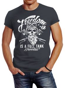 Herren T-Shirt Biker Motorrad Motiv Freedom is a full Tank Skull Totenkopf Slim Fit Neverless® dunkelgrau XL