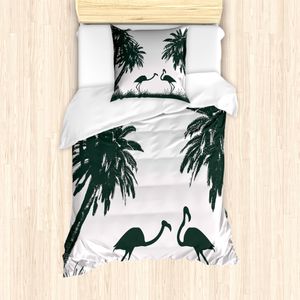 ABAKUHAUS Flamingo Bettbezug Set für Einzelbetten, Tropische Vögel und Palmen, Milbensicher Allergiker geeignet mit Kissenbezug, Dunkler Resedagrün Kokosnuss
