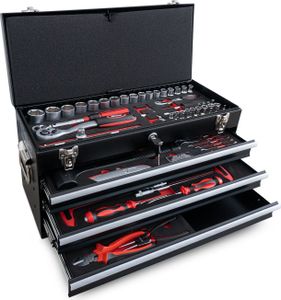 Weber MX Werkzeugkiste mit 3 Schubladen und Klappdeckel 104-teilig bestückt mit Werkzeug schwarz Metall abschließbar Werkzeugkoffer Werkzeugset