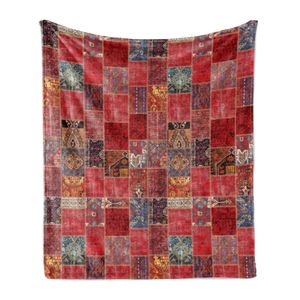 ABAKUHAUS orientalisch Weich Flanell Fleece Decke, Warmtonige Arabesque Muster Grunge mit Verzierungen, 175 x 230 cm, Dunkler Coral Mehrfarbig