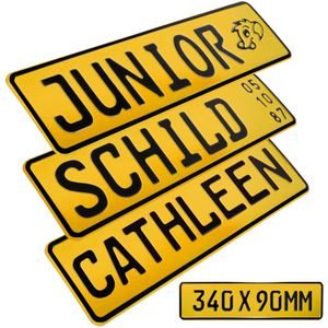 1x Kennzeichen Gelb Junior Bobby Car Kettcar Wunschtext FUN Kennzeichen Funschild Retroreflektierend