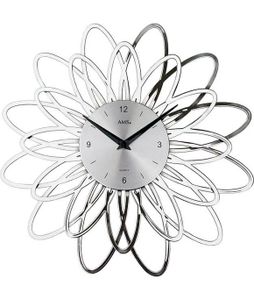 AMS Wanduhr 9362 Quarz silberfarben, florales Design in Kunststoff