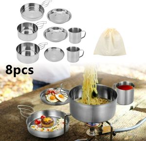 8Stk Camping Kochgeschirr Edelstahl Outdoor Koch-Set Campinggeschirr Töpfe Pfanne Silber